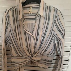 Gray Striped Knot Front Linen Top